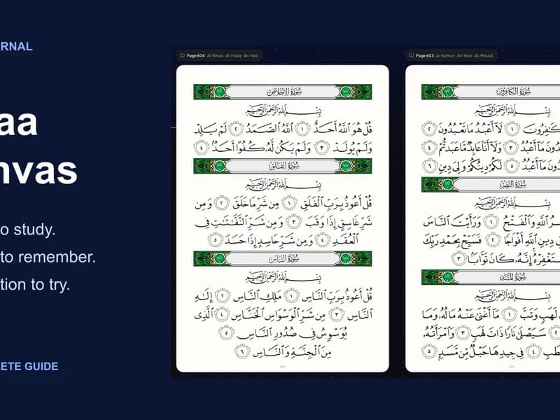 Qiraa Canvas cover showing its real two-page mushaf workspace, with pages 603 and 604, on a dark background.