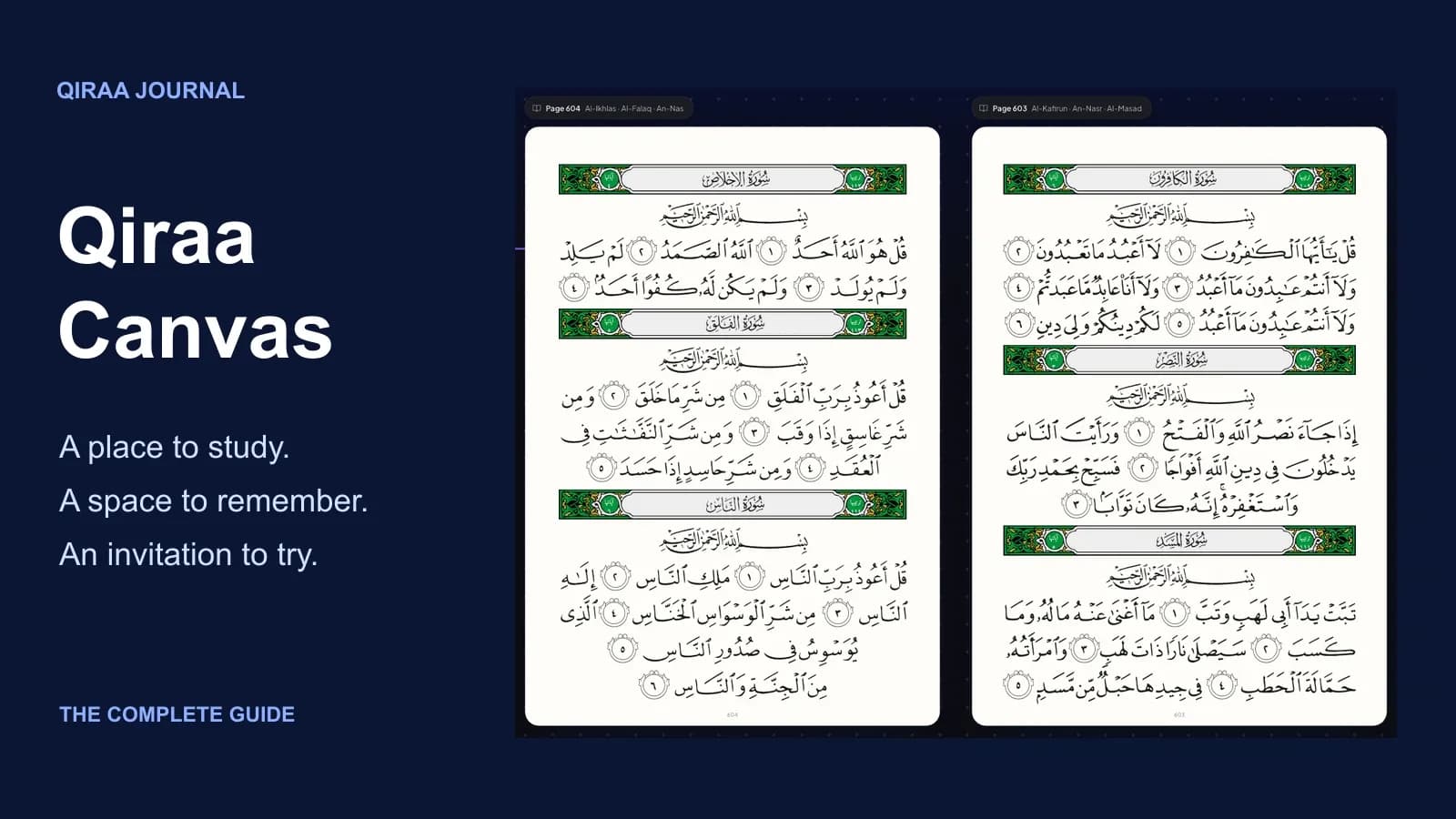 Qiraa Canvas cover showing its real two-page mushaf workspace, with pages 603 and 604, on a dark background.