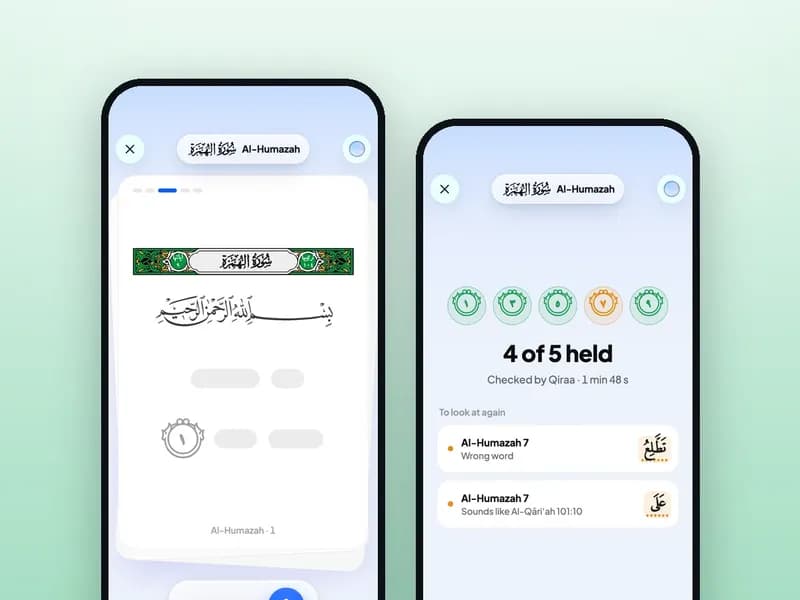 Dua layar Test me di Qiraa: kartu dengan petunjuk dan ayat tersembunyi, lalu hasil empat dari lima ayat dikuasai.