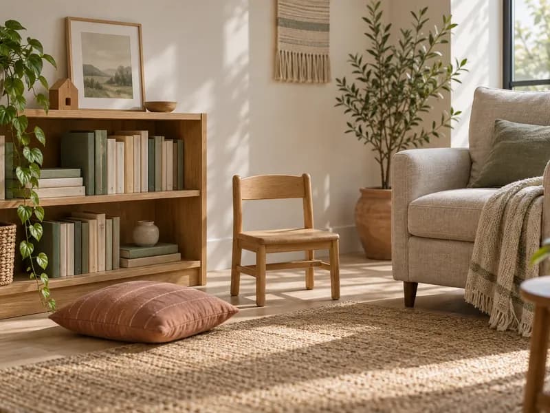 Child-sized chair beside a calm family reading corner