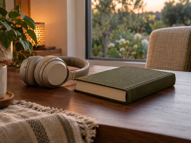 Headphones beside a closed book in a quiet listening space