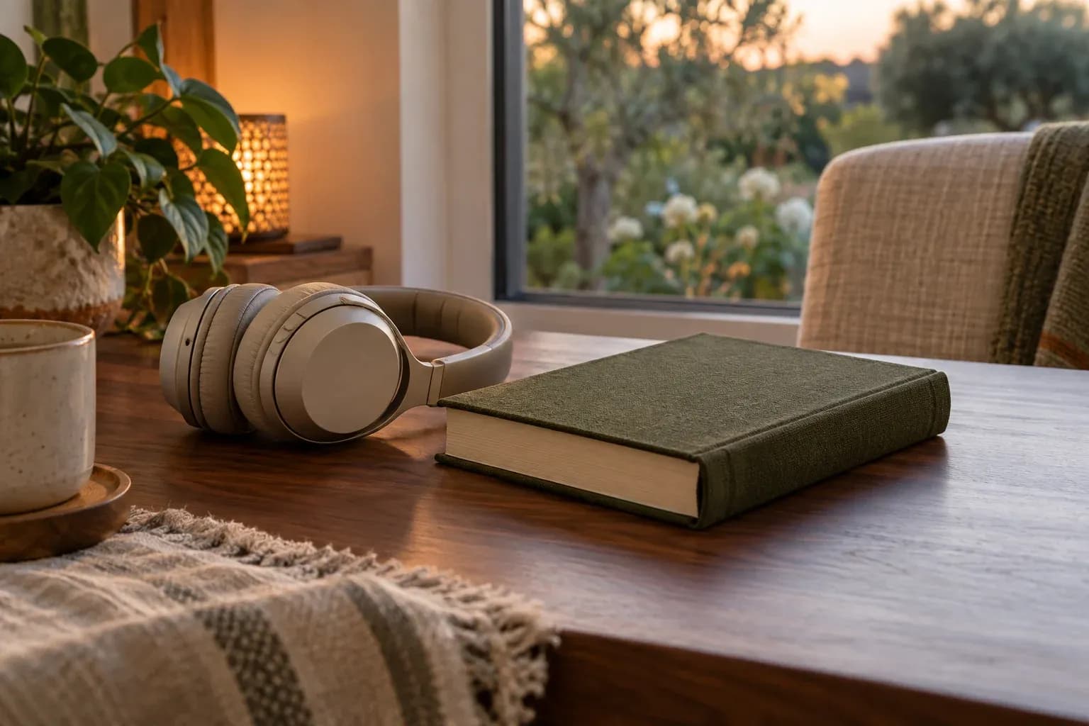 Headphones beside a closed book in a quiet listening space