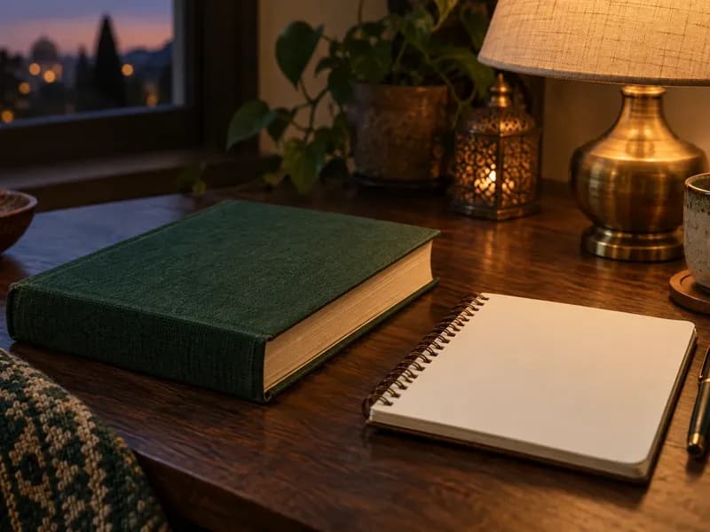 Closed book and blank notebook under a warm evening lamp