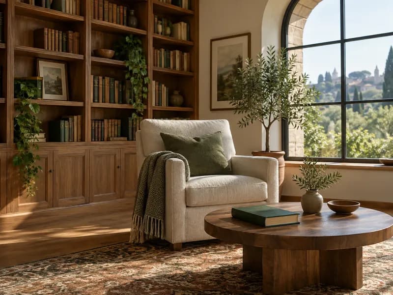 Warm library with an empty reading chair