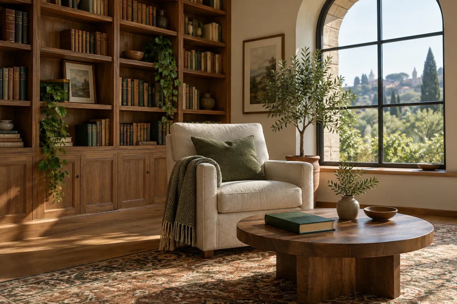 Warm library with an empty reading chair