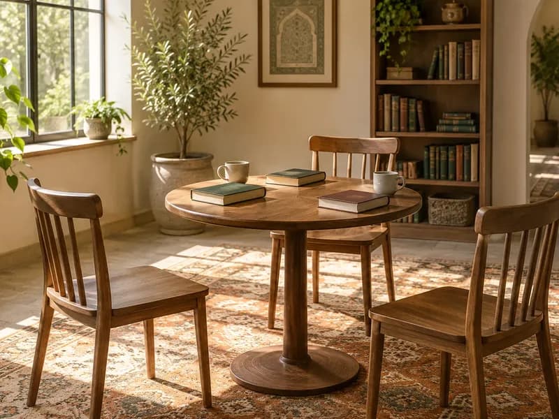 Empty chairs around a small reading-circle table
