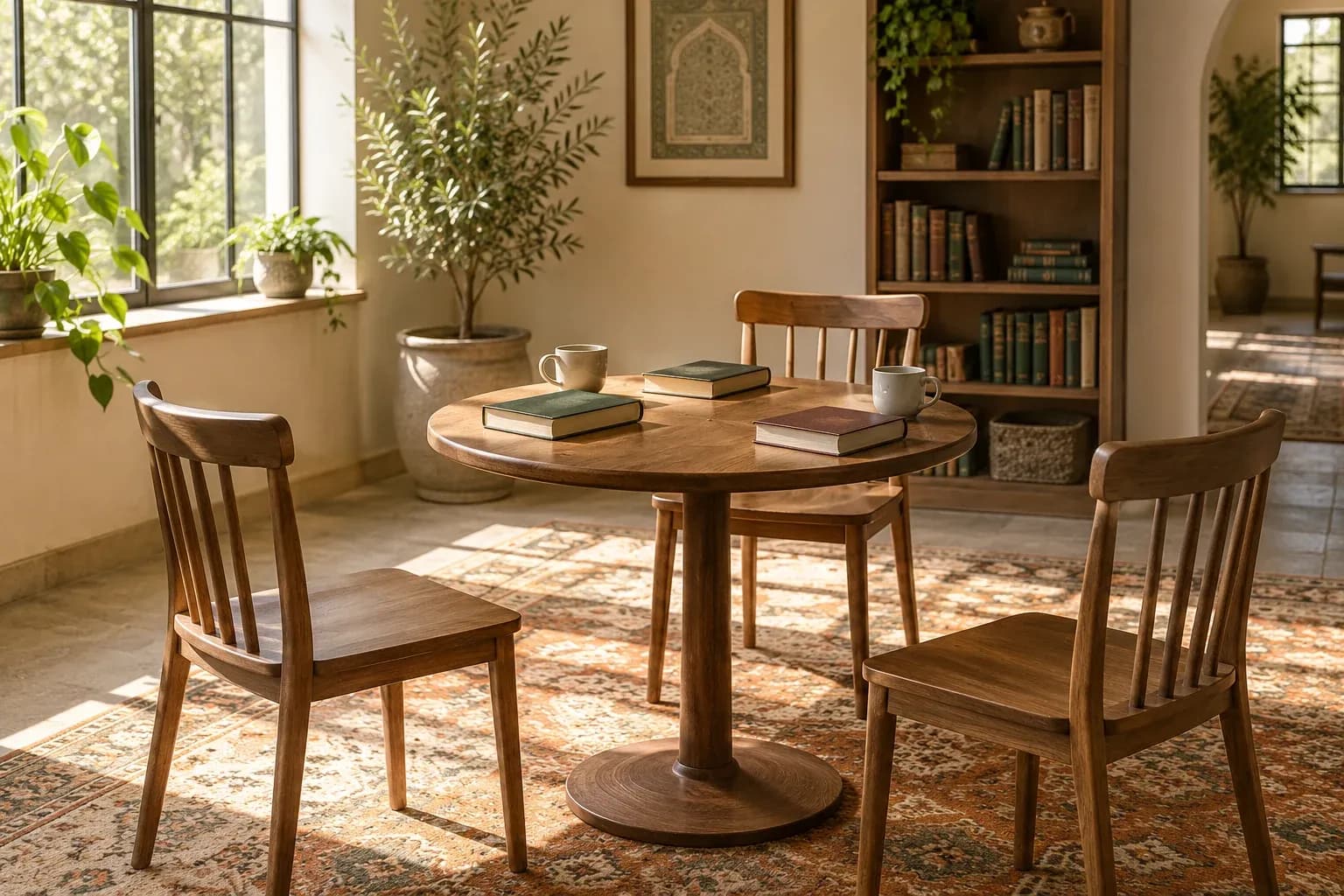 Empty chairs around a small reading-circle table