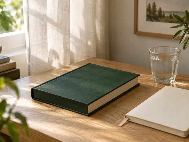 Closed clothbound book and blank notebook in a sunlit reading space