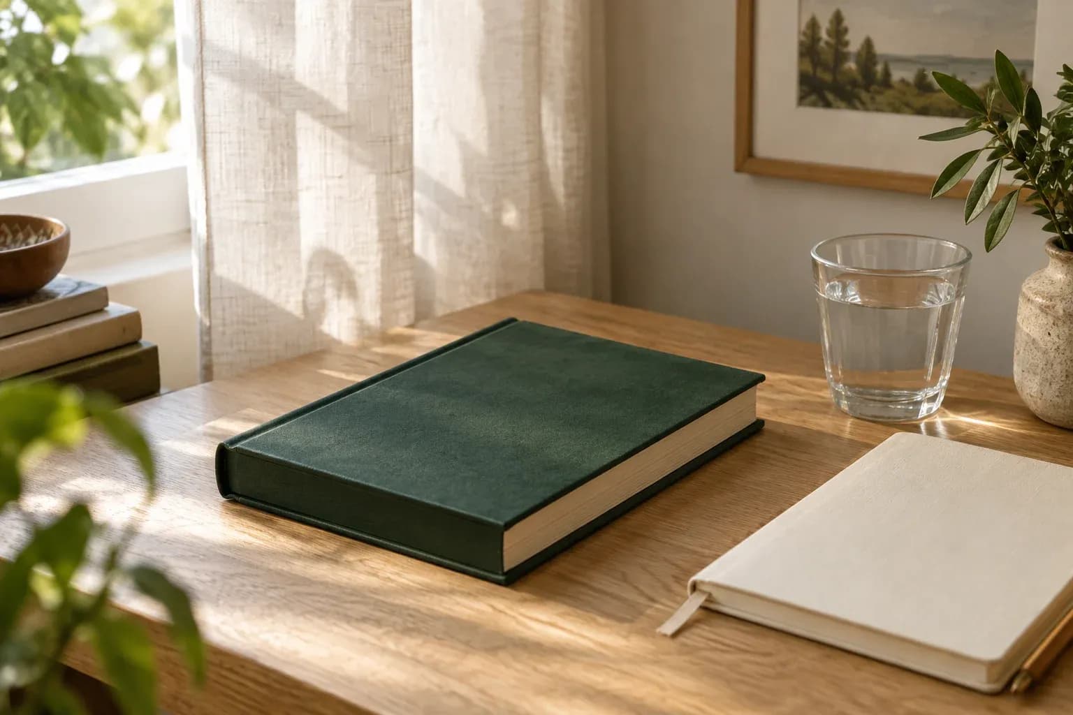 Closed clothbound book and blank notebook in a sunlit reading space