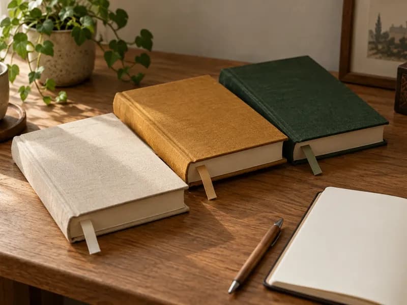 Three unbranded clothbound books with plain bookmarks