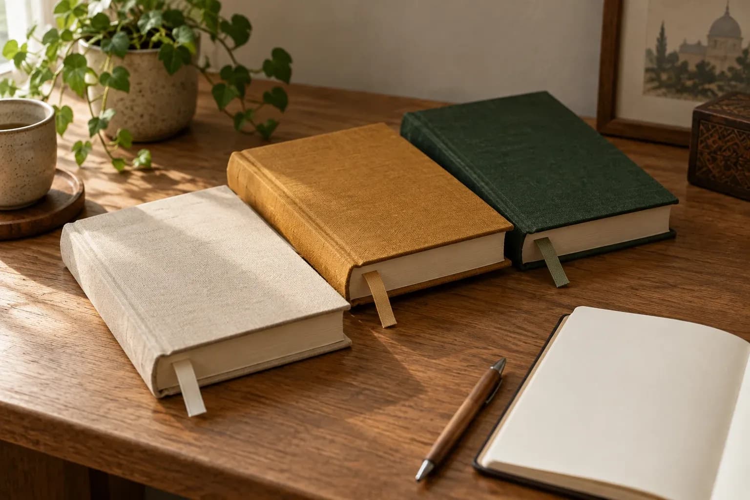 Three unbranded clothbound books with plain bookmarks