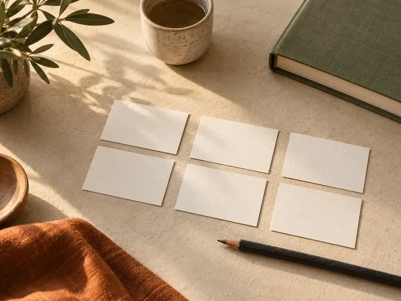Blank revision cards organized on a wooden desk