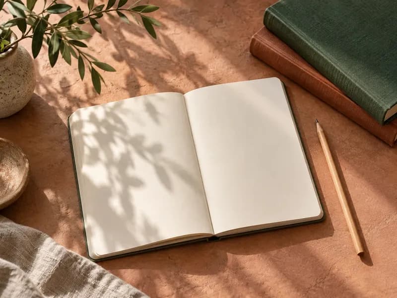 Blank study notebook beside closed reference books