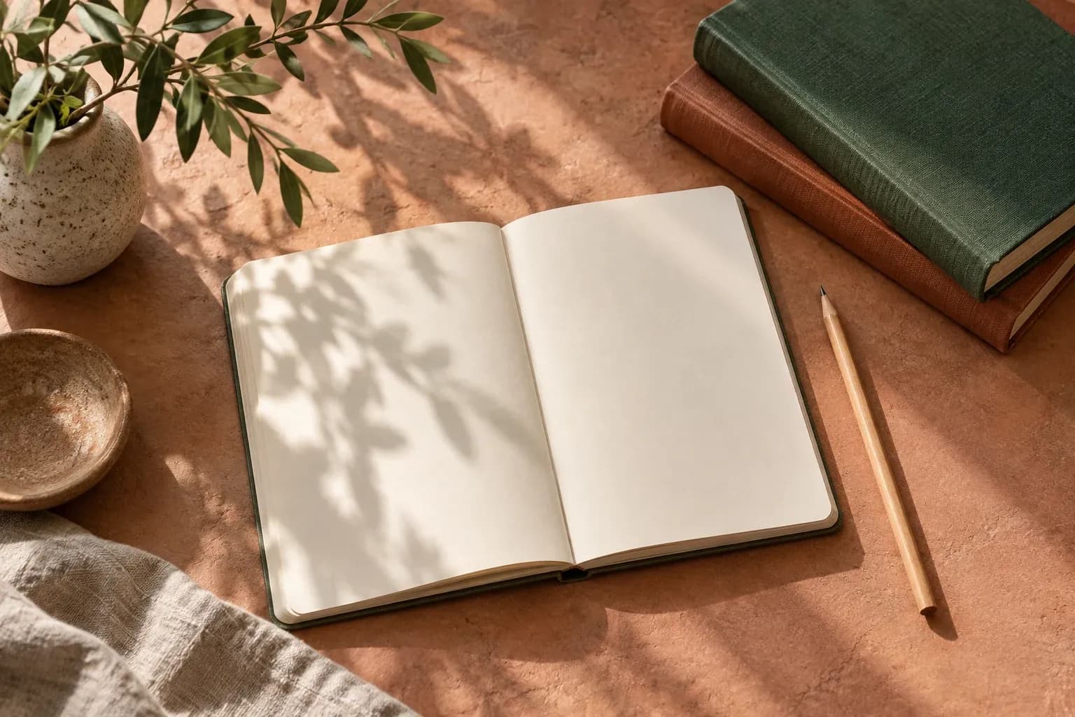 Blank study notebook beside closed reference books