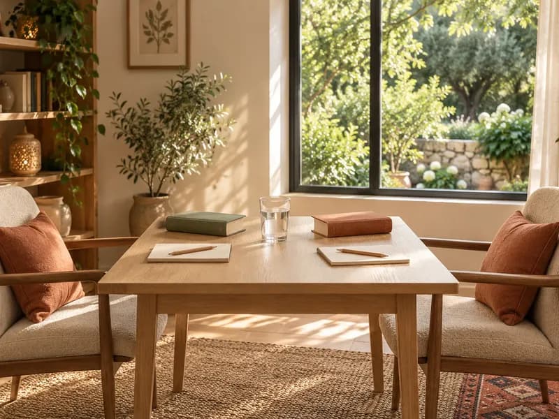 Two empty chairs facing a desk with notebooks