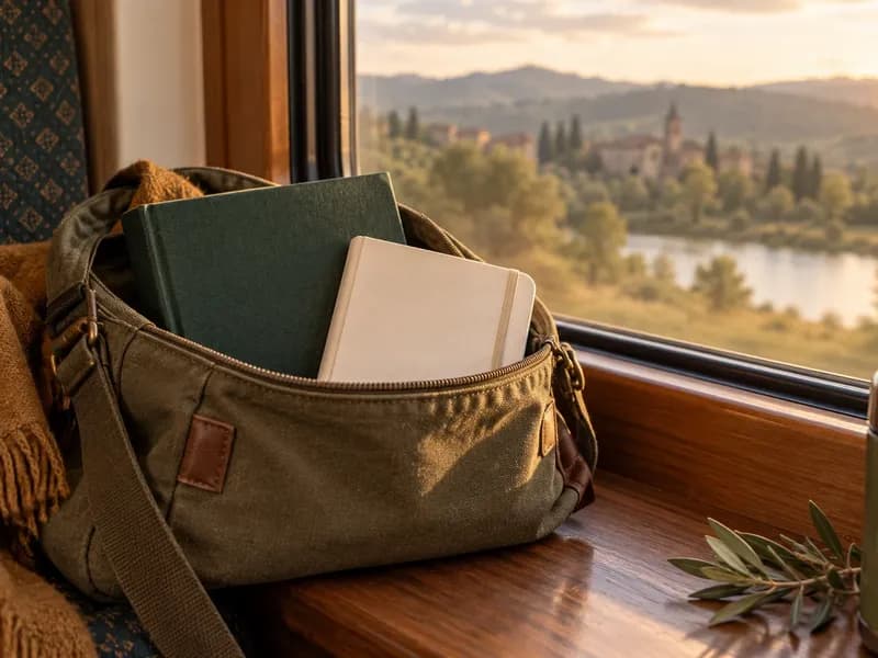 Closed book and notebook in a travel bag by a train window