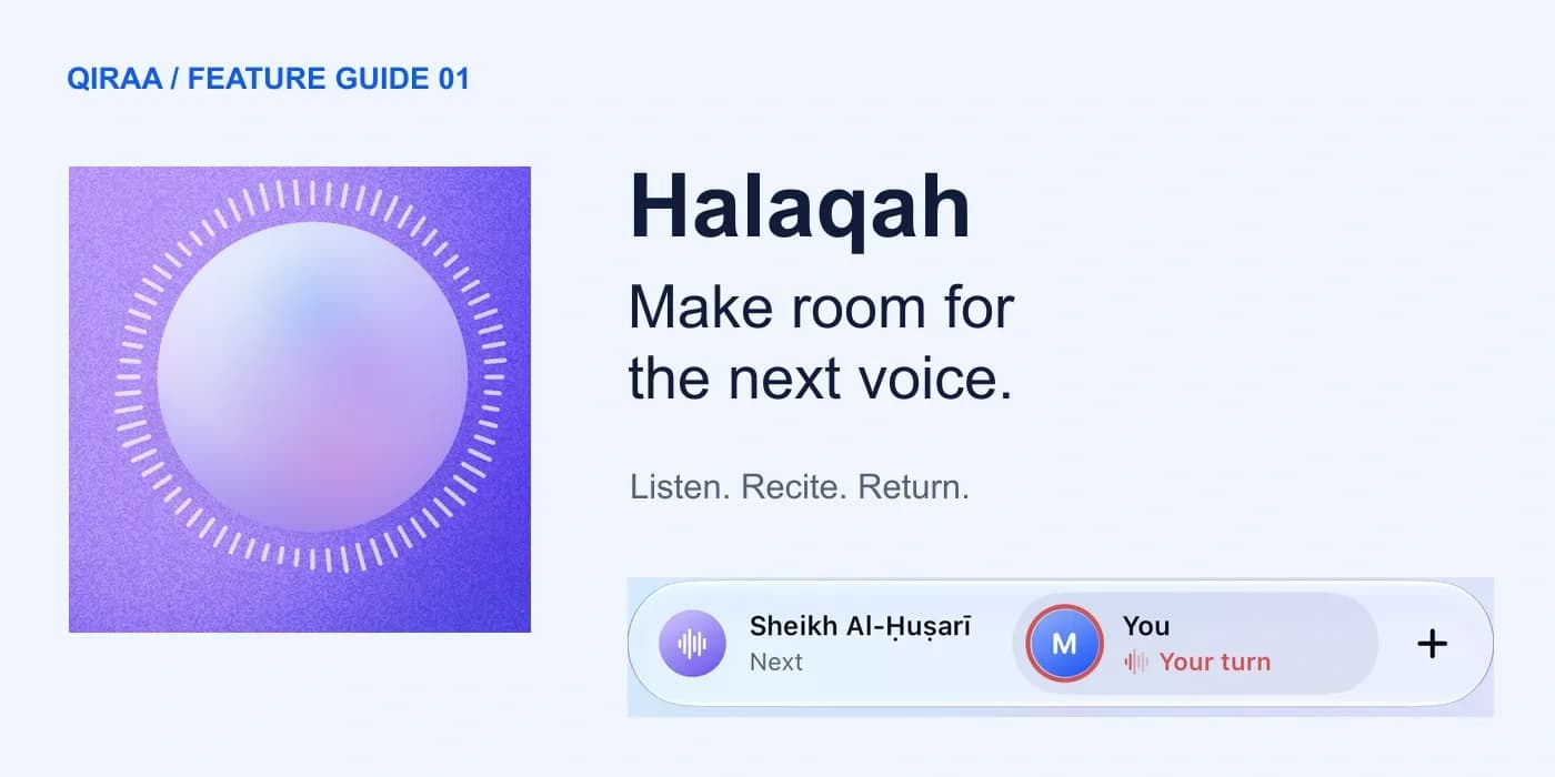Qiraa Halaqah illustration with a purple recitation orb and a participant strip showing a learner’s turn beside Sheikh Al-Husari.