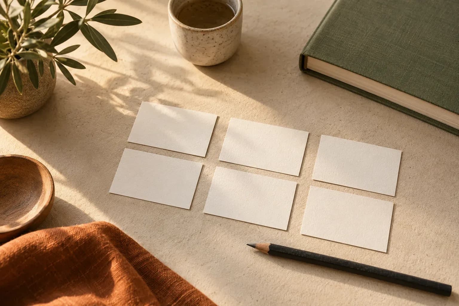 Blank revision cards organized on a wooden desk