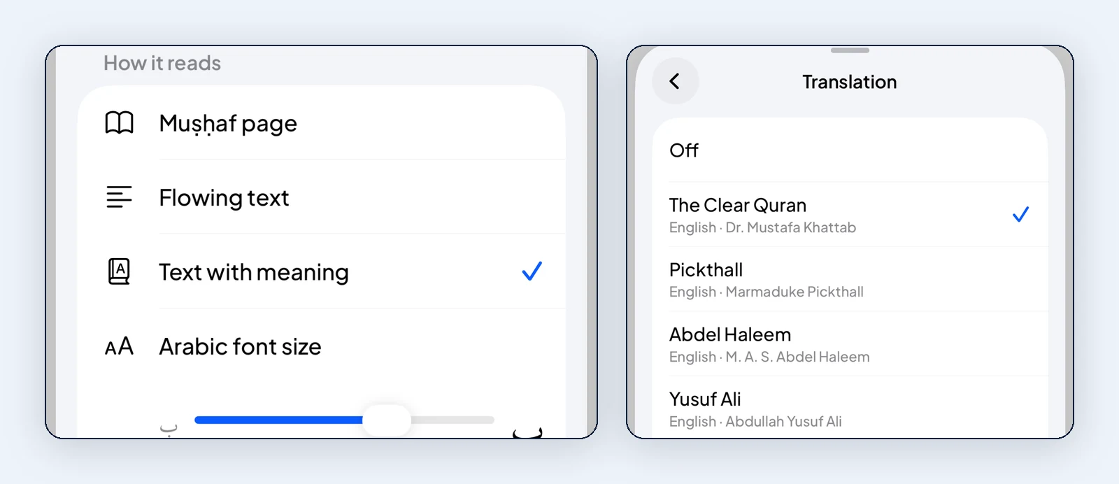 Qiraa’s reading settings with Text with meaning selected and a list of English translations.