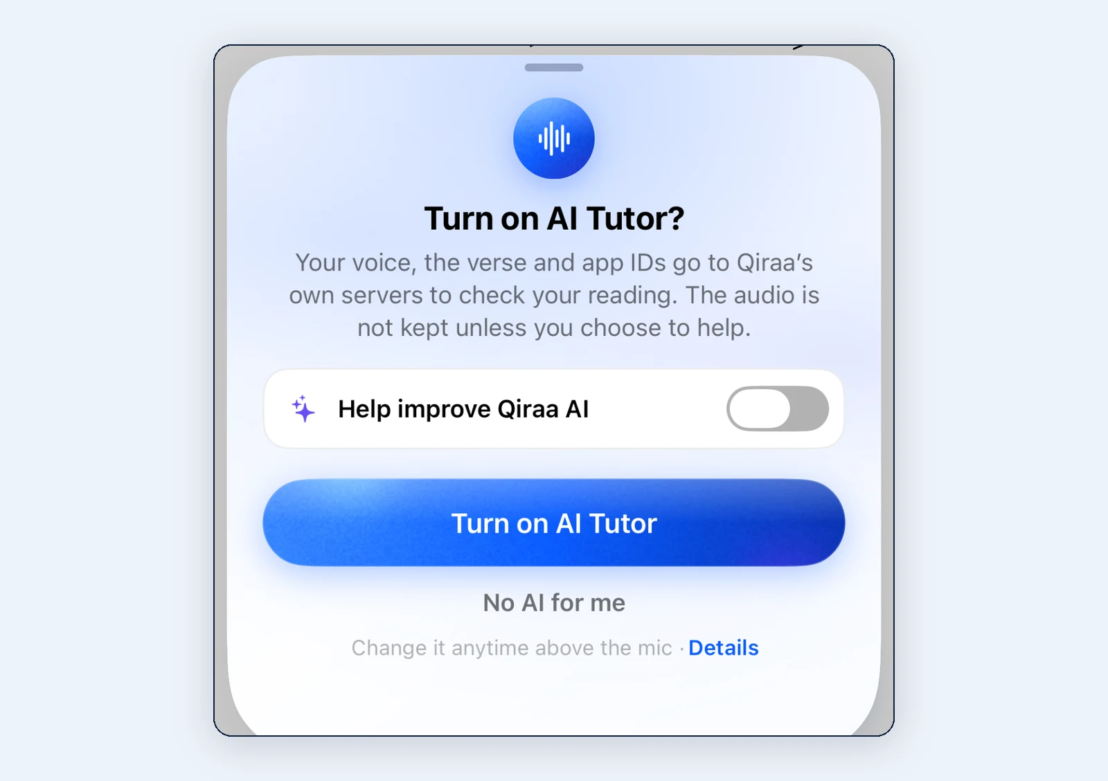La demande d’activation de l’AI Tutor avec Help improve Qiraa AI désactivé et les choix Turn on AI Tutor et No AI for me.