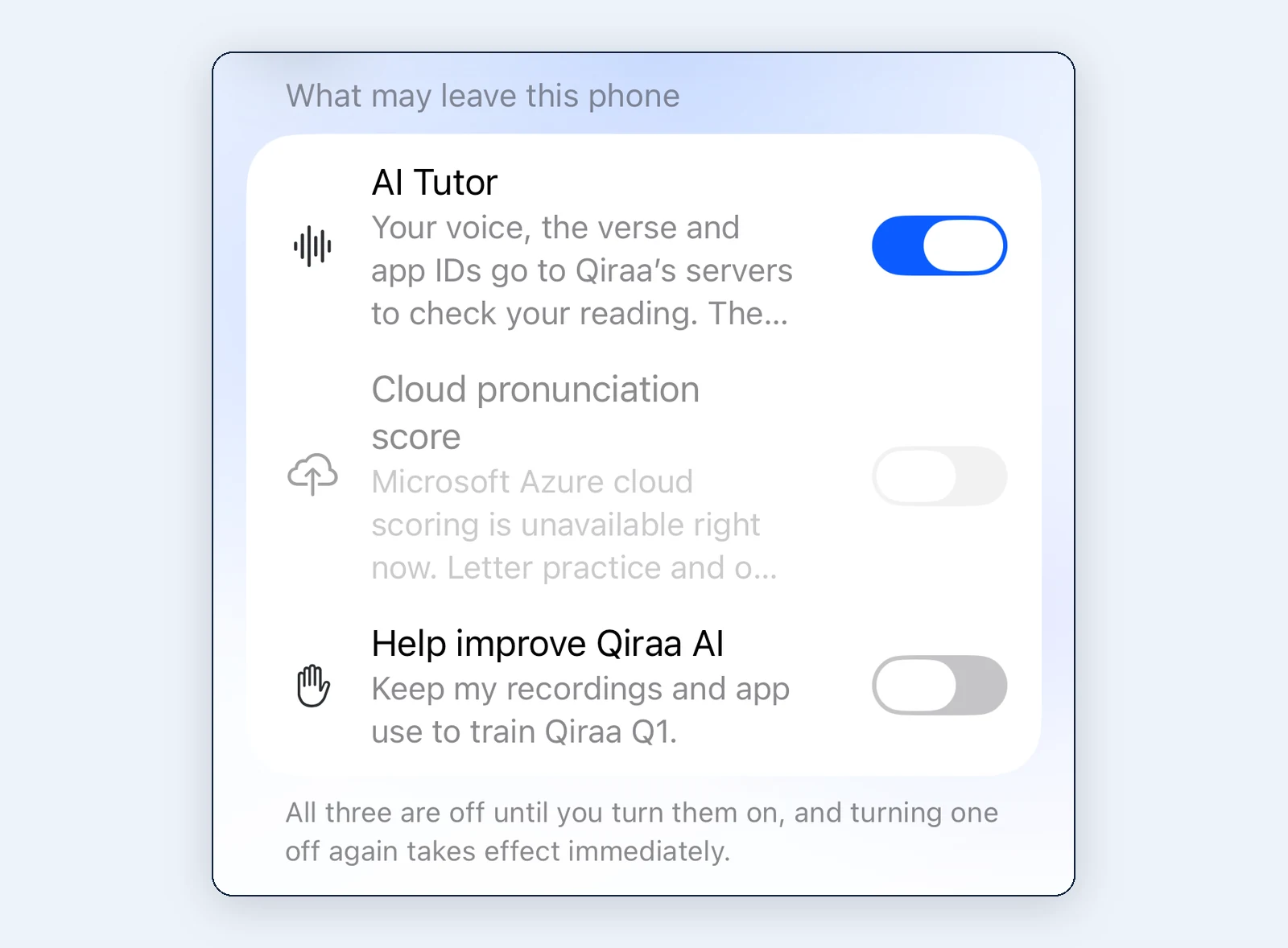 Les réglages Privacy & your data de Qiraa, avec des commandes séparées pour l’AI Tutor, le score de prononciation et l’amélioration de l’IA.