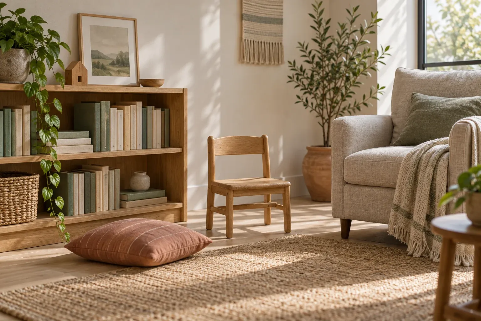Child-sized chair beside a calm family reading corner
