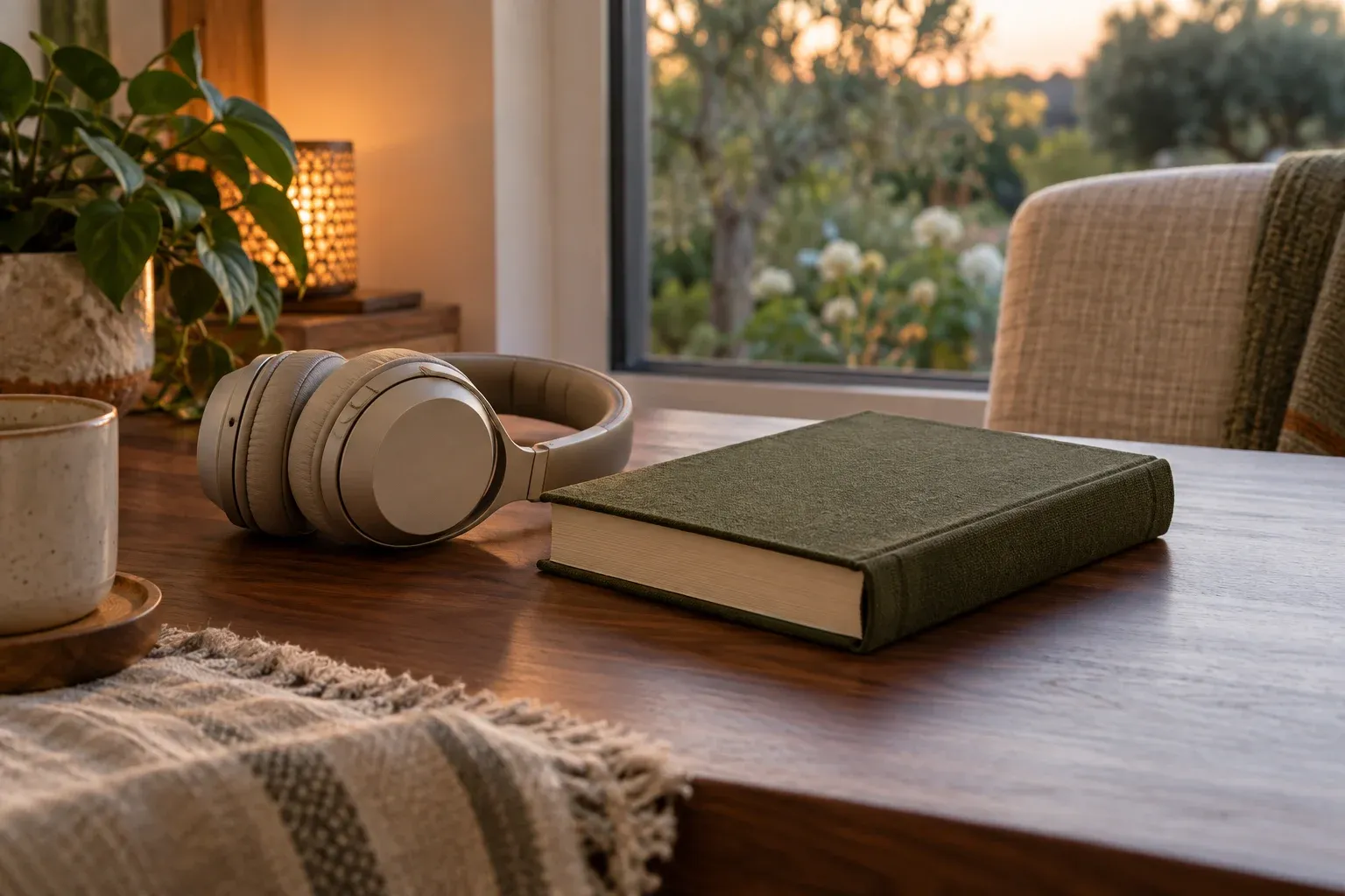 Headphones beside a closed book in a quiet listening space