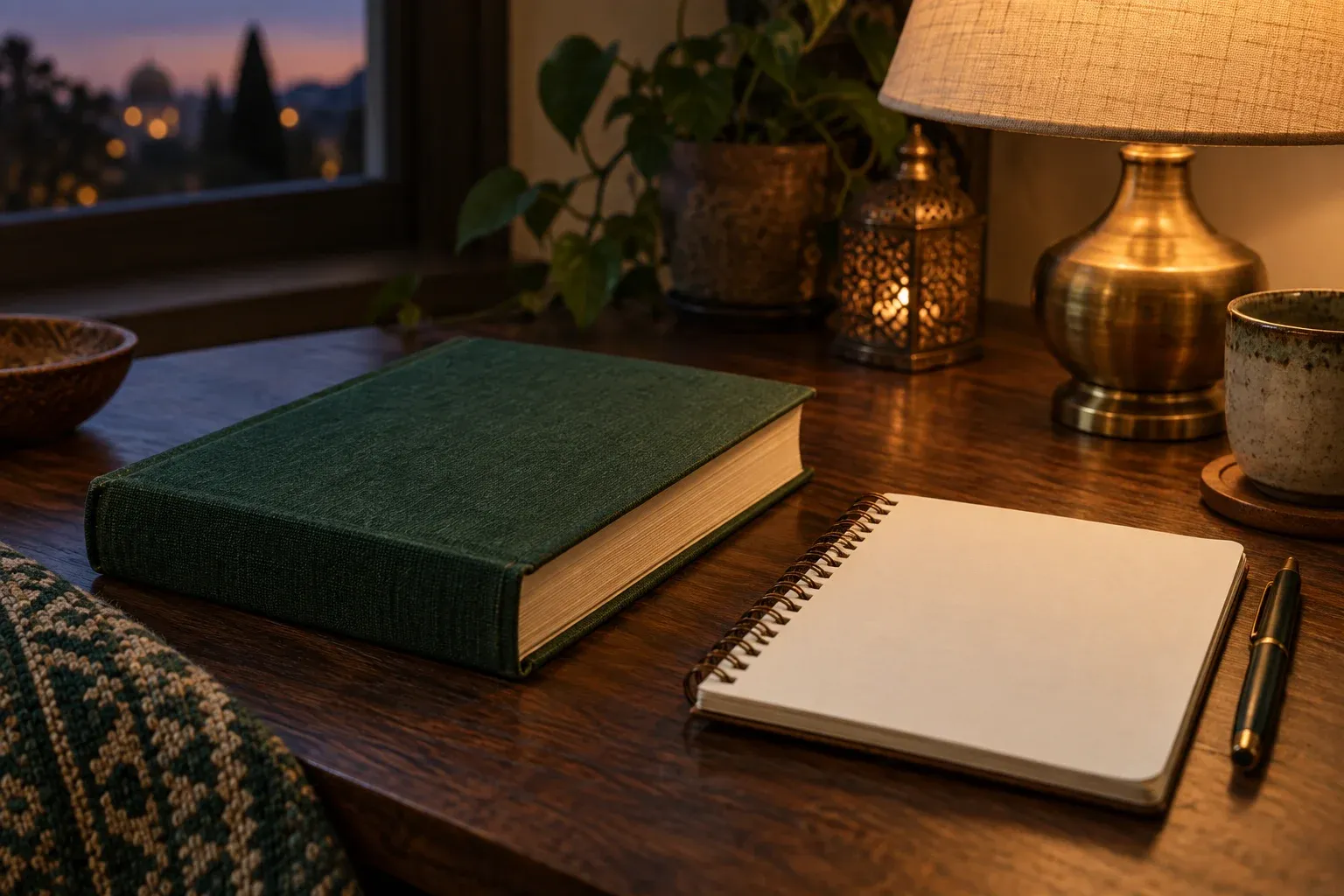 Closed book and blank notebook under a warm evening lamp