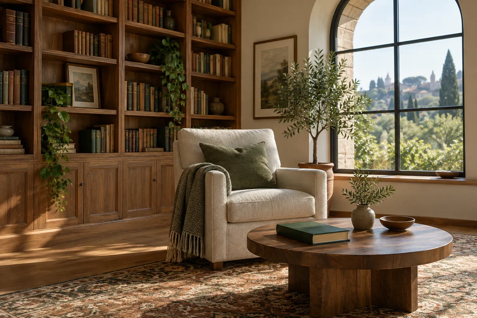Warm library with an empty reading chair