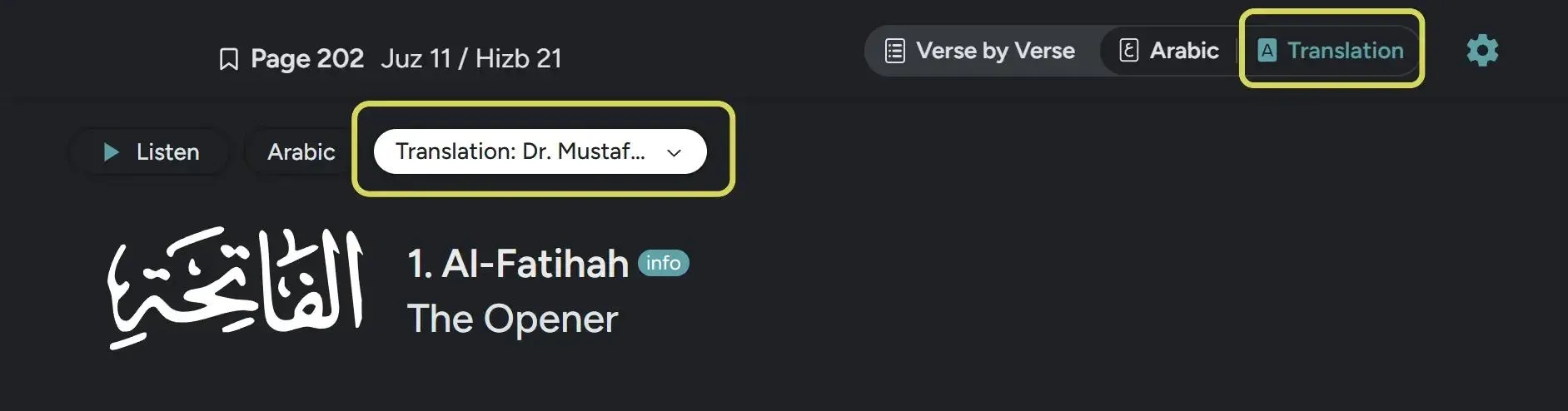 Official Quran.com screenshot highlighting Translation mode and the translation selector in its reading interface