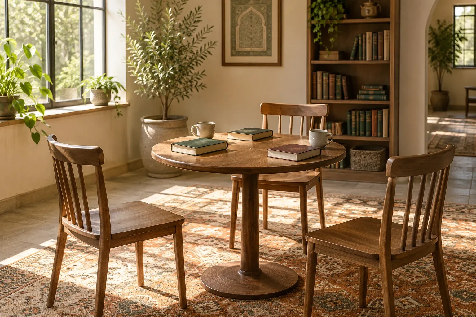 Empty chairs around a small reading-circle table