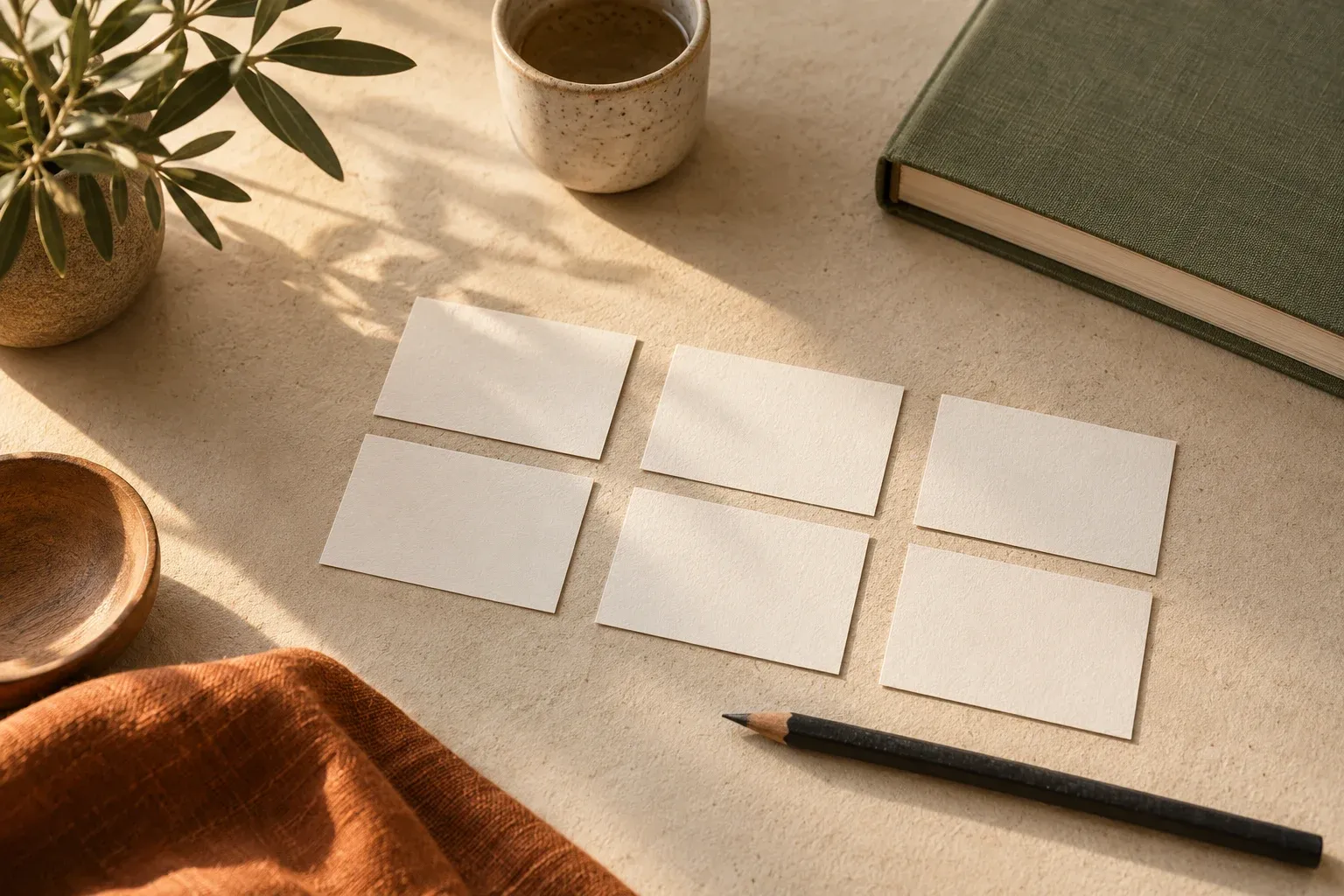 Blank revision cards organized on a wooden desk