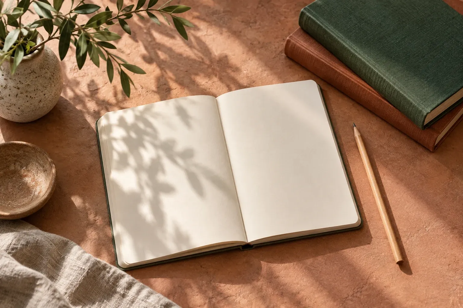 Blank study notebook beside closed reference books