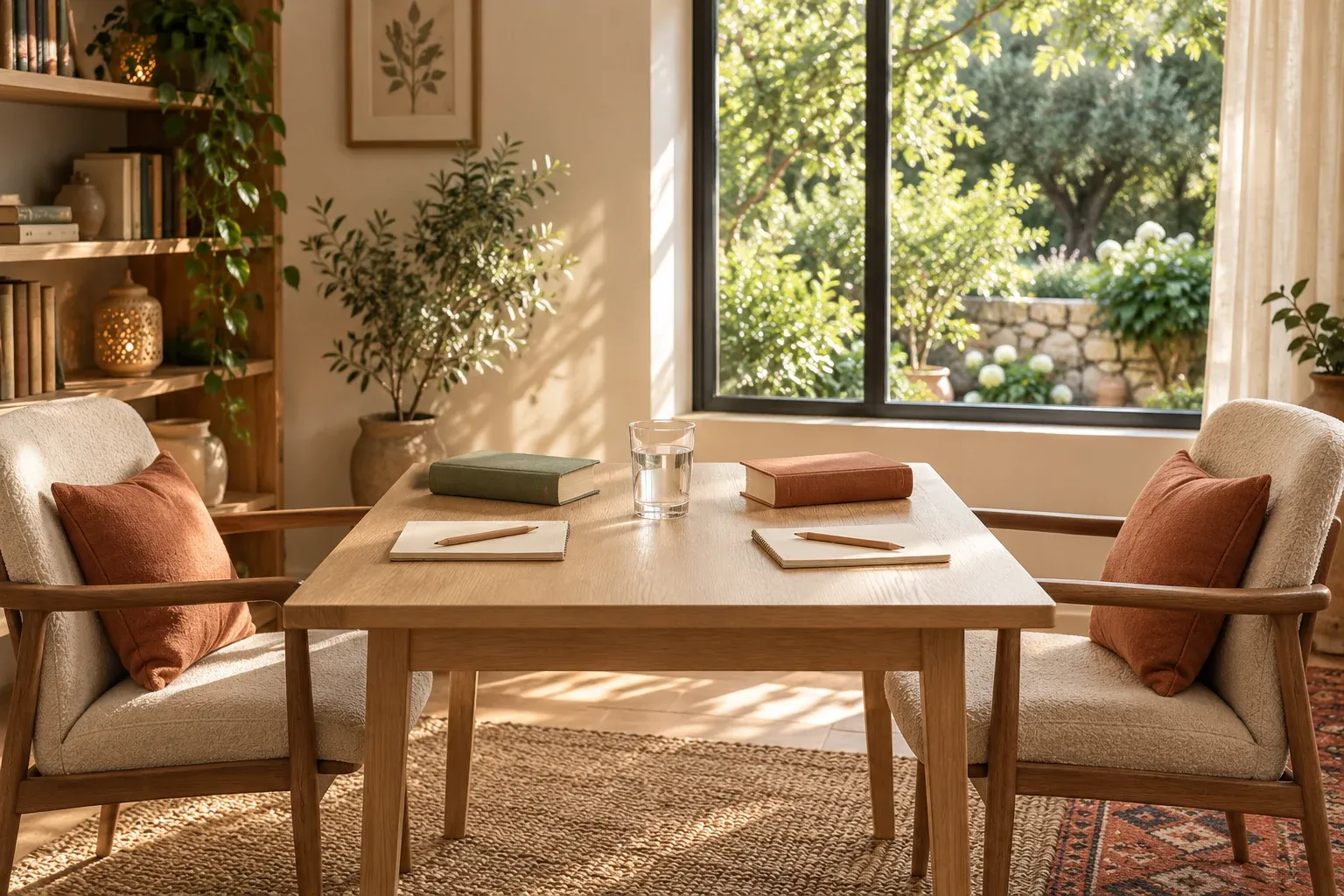 Two empty chairs facing a desk with notebooks
