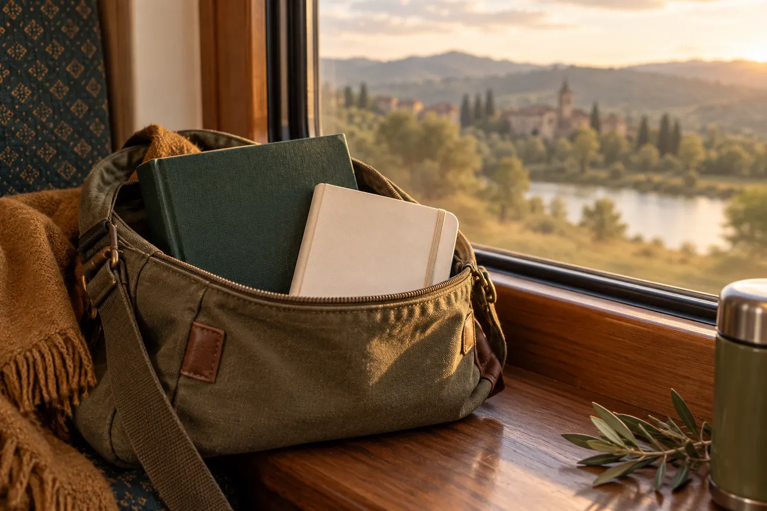 Closed book and notebook in a travel bag by a train window